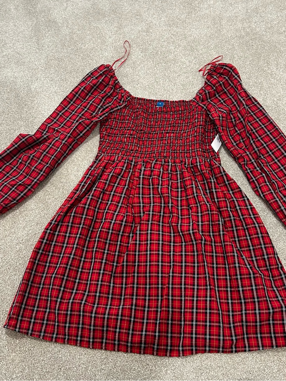 Brand new. Old Navy Red Plaid Smocked Long-Sleeve Dress
